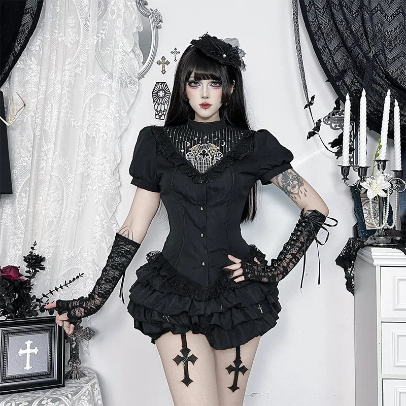 Gothic Moon Cathedral Embroidery Lace Trim Puff Sleeve Top