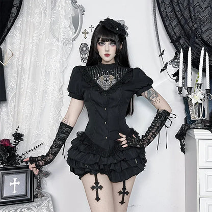 Gothic Moon Cathedral Embroidery Lace Trim Puff Sleeve Top
