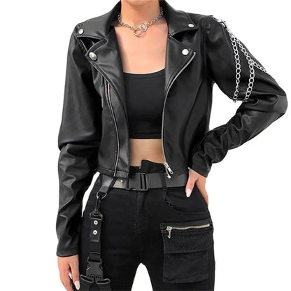 Gothic Chain Zipper Faux Leather Motorcycle Jacket