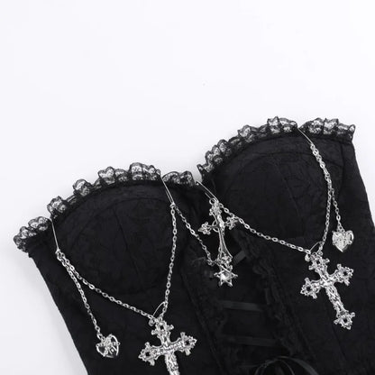 Gothic Cross Chain Lace Corset Style Top