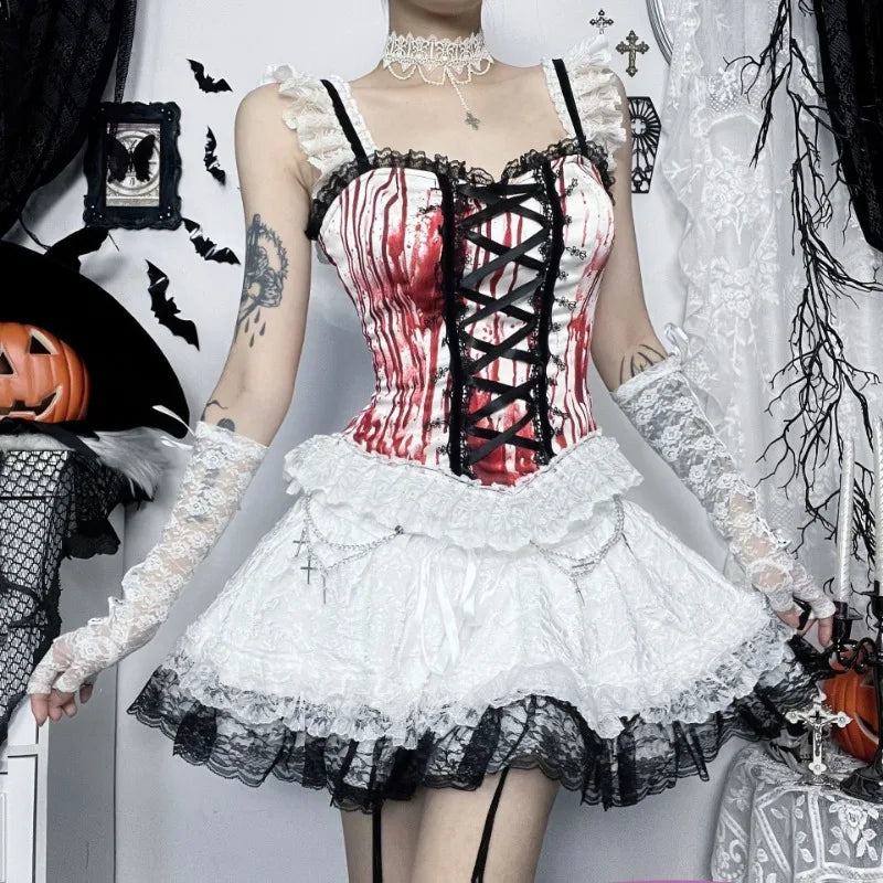 Gothic Alt Goth Halloween Blood Red Print Lace Patchwork Tank Top
