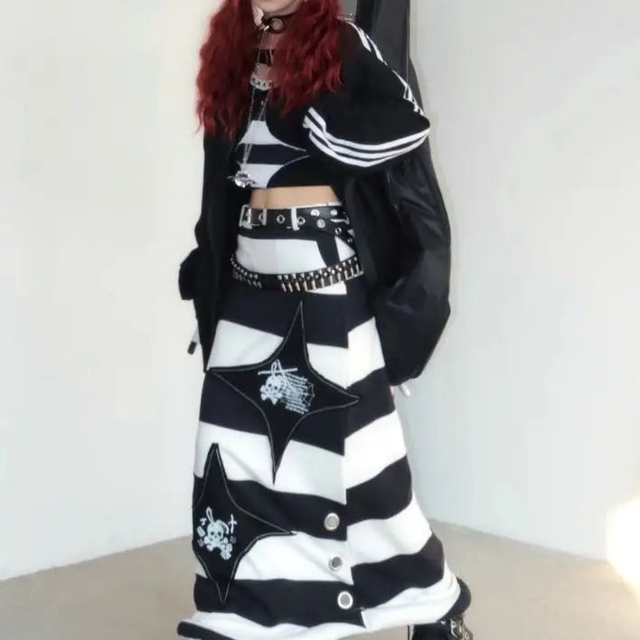 Alt Gothic Y2K Harajuku Black White Stripes Skull Patchwork Straight Tube Long Skirt