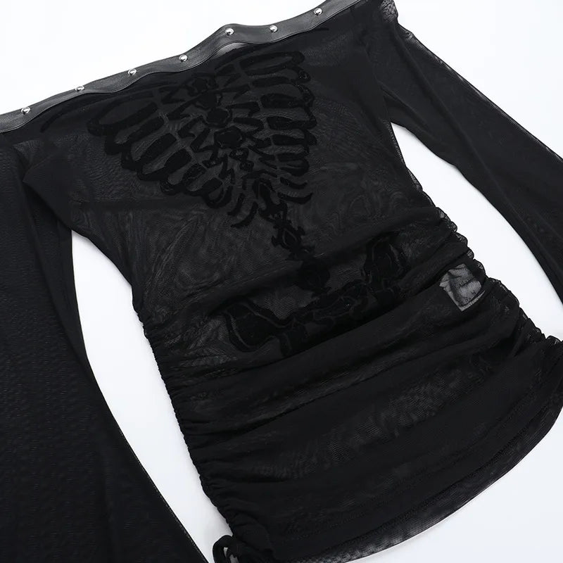 Gothic Alt Goth Off Shoulder Skeleton Print Flare Sleeve Top