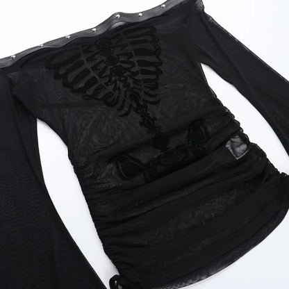 Gothic Alt Goth Off Shoulder Skeleton Print Flare Sleeve Top