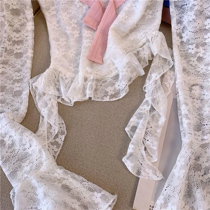 Gothic Dark Coquette Y2K White Off Shoulder Pink Bow Long Sleeve Lace Top