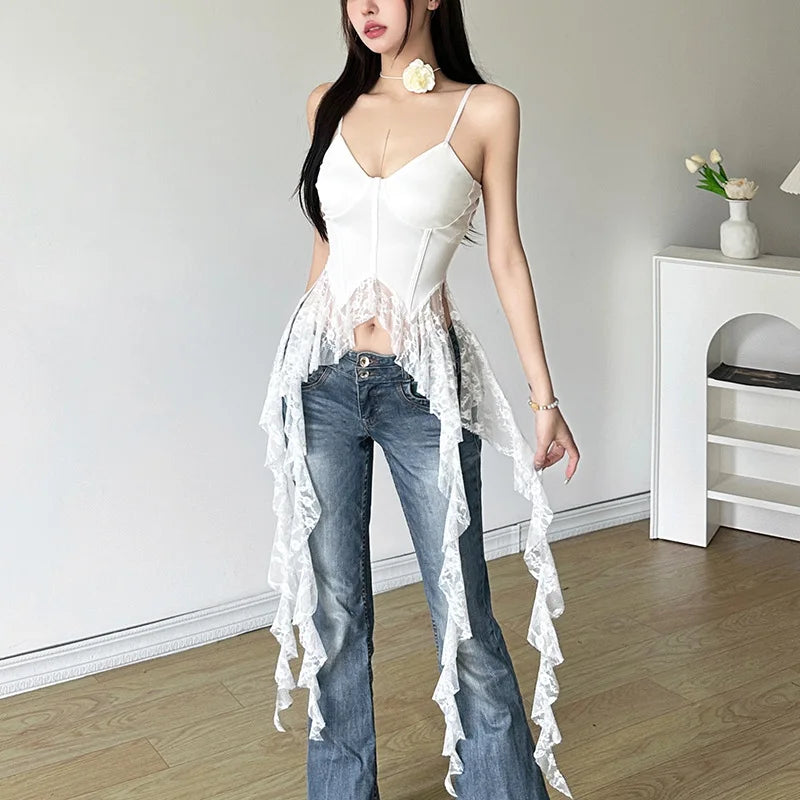 Gothic Y2K Alt Goth Irregular Lace Ruffled Tank Top (available in 2 colors)