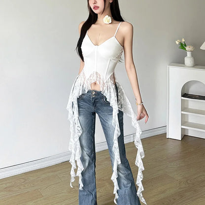 Gothic Y2K Alt Goth Irregular Lace Ruffled Tank Top (available in 2 colors)