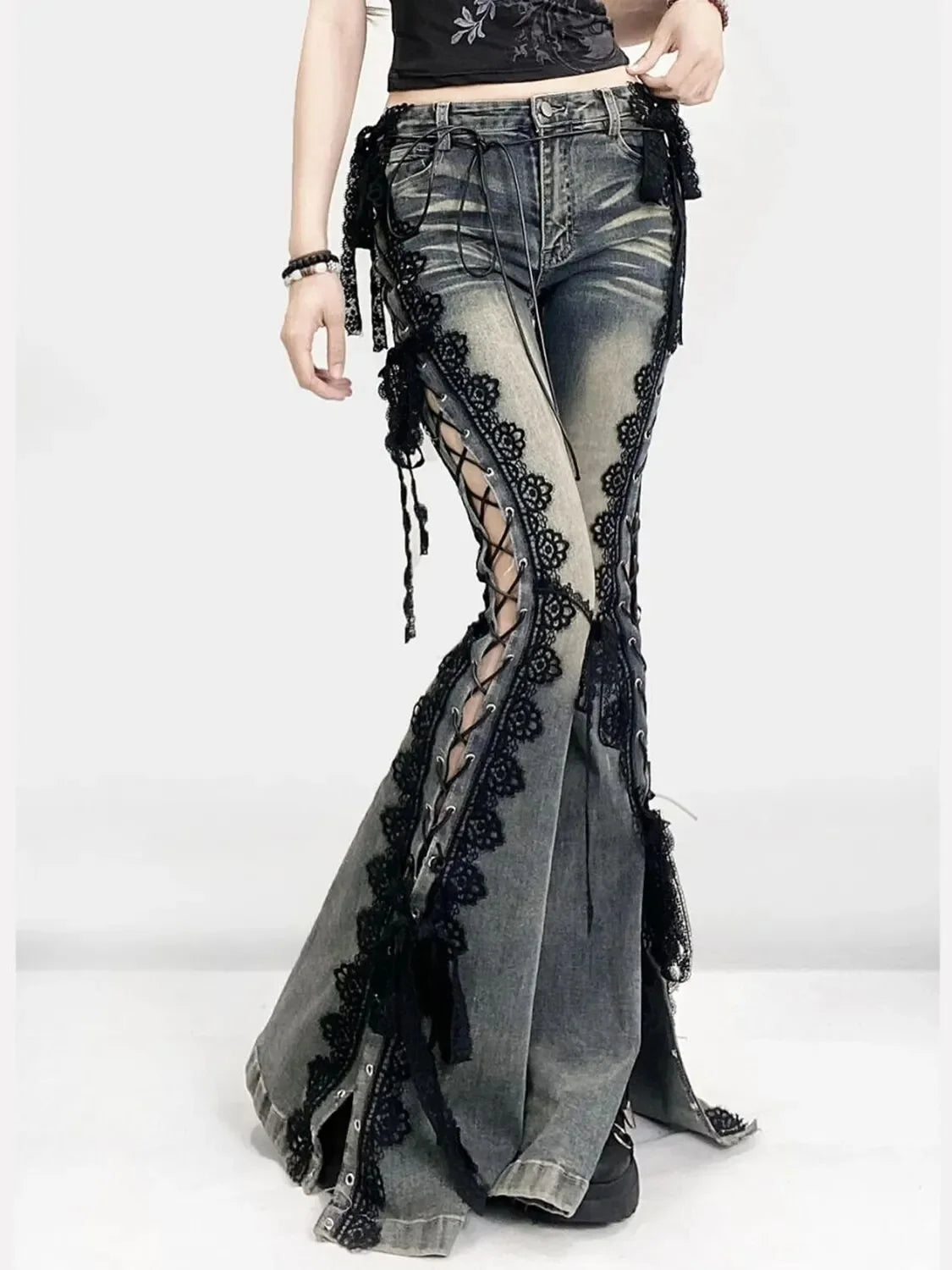 Gothic Y2K Alt Goth Eyelet Lace Up Bell Bottom Flare Jeans Pants