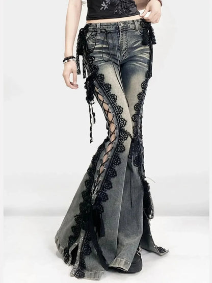 Gothic Y2K Alt Goth Eyelet Lace Up Bell Bottom Flare Jeans Pants
