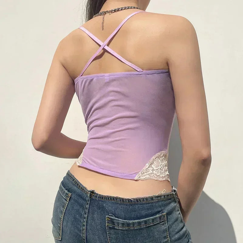 Gothic Romantic Y2K Lace Stitching Lilac Camisole Tank Top
