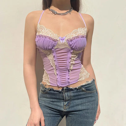 Gothic Romantic Y2K Lace Stitching Lilac Camisole Tank Top