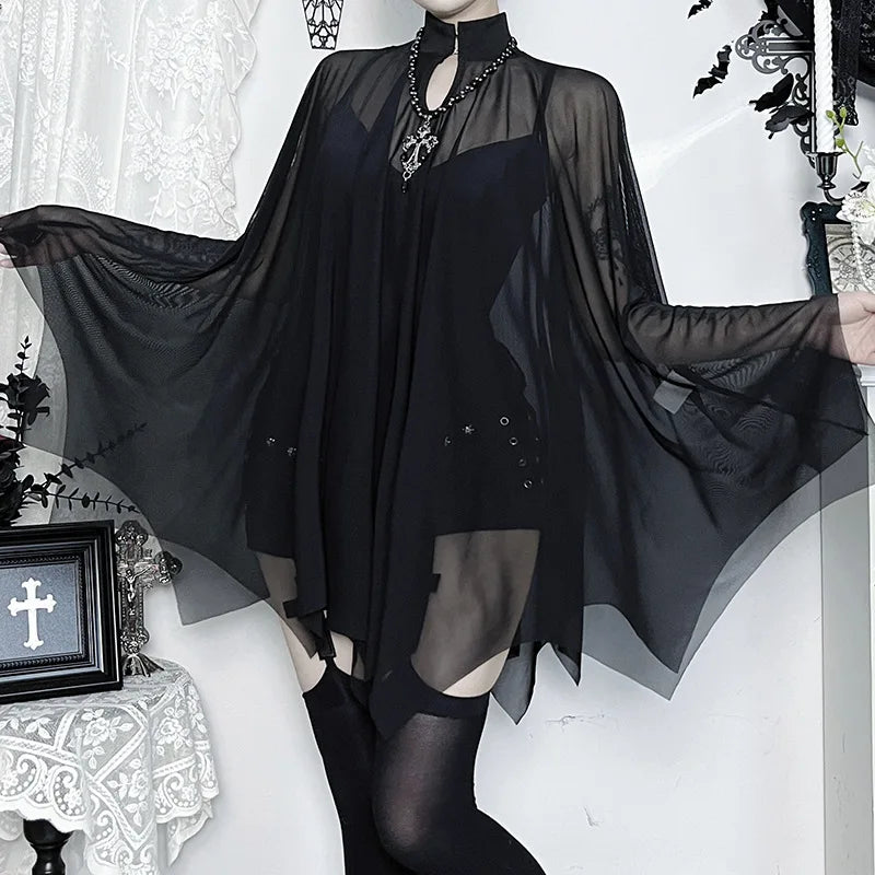 Gothic Alt Goth Black Spaghetti Strap Bodysuit Top + Sheer Cape Set