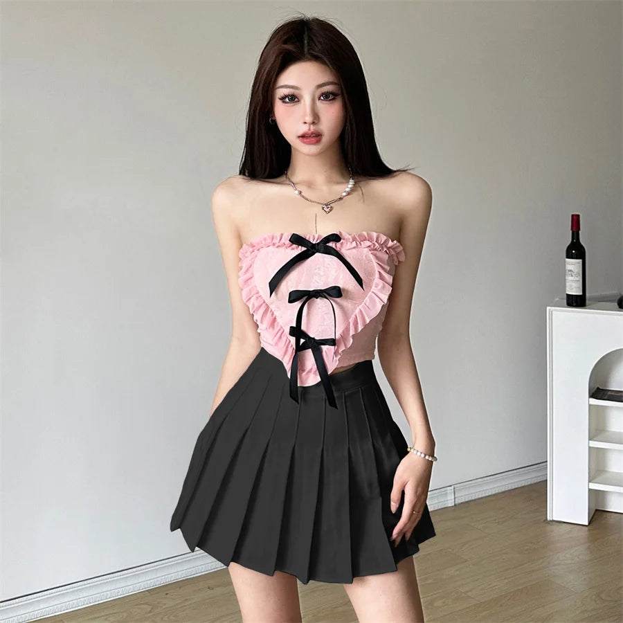 Coquette Pink Frayed Bow Tie Chest Wrapping Vest Top