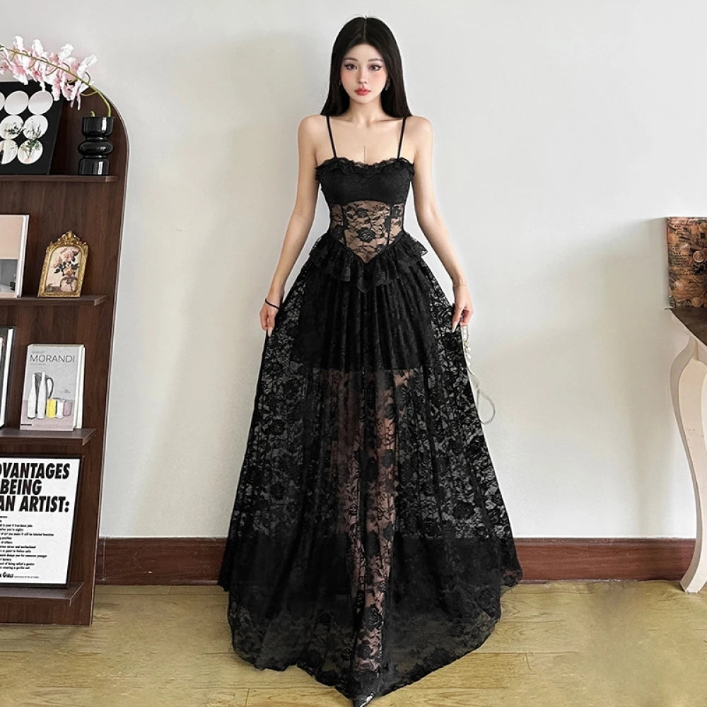 Gothic Lace Jacquard Patchwork Summer Spaghetti Strap Long Dress