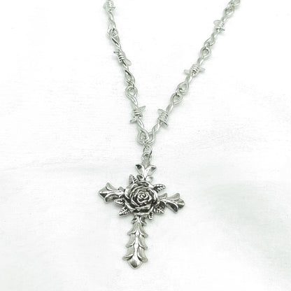 Gothic Barbed Wire Rose Cross Choker Necklace