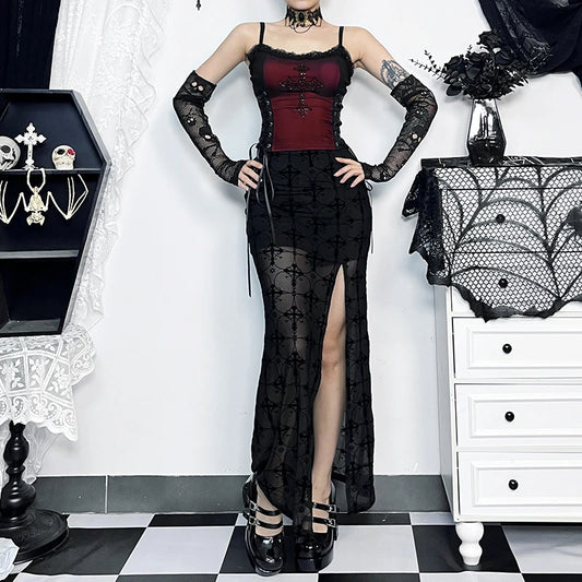 Gothic Vampire Cross Sheer High Slit Skirt
