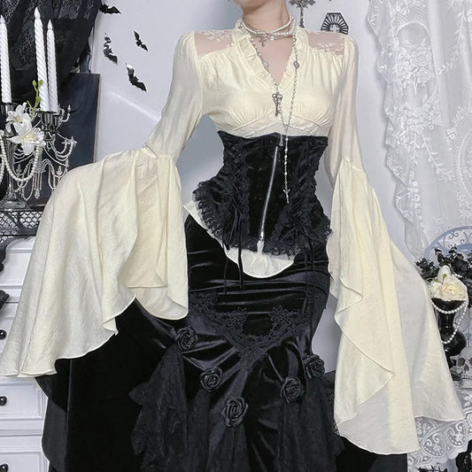 Gothic Romantic Goth Vintage V-neck Bell Sleeve Top (available in 2 colors)