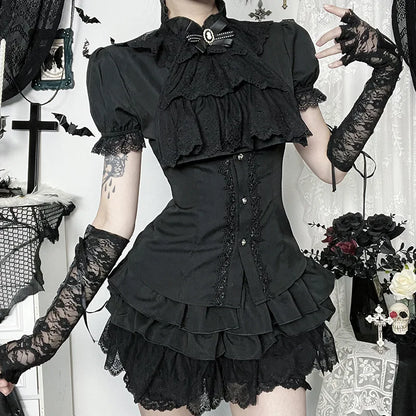 Gothic Victorian Romantic Ruffles Lace Patchwork Short Sleeve Blouse Top