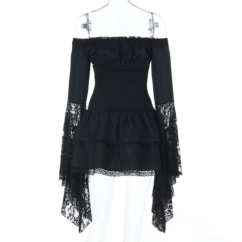 Gothic Alt Goth Off Shoulder Lace Trim Batwing Sleeves Mini Dress