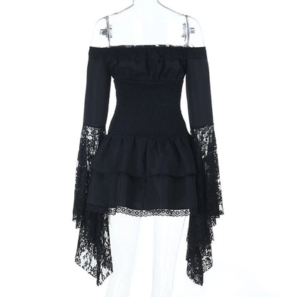 Gothic Alt Goth Off Shoulder Lace Trim Batwing Sleeves Mini Dress