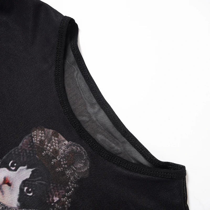 Gothic Y2K Vintage Cat Print Mesh See Through Shirt Top