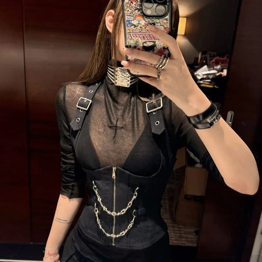Gothic Alt Goth Y2k See-through Mesh Shirt Top Halter Chain Waist Cincher Vest Top