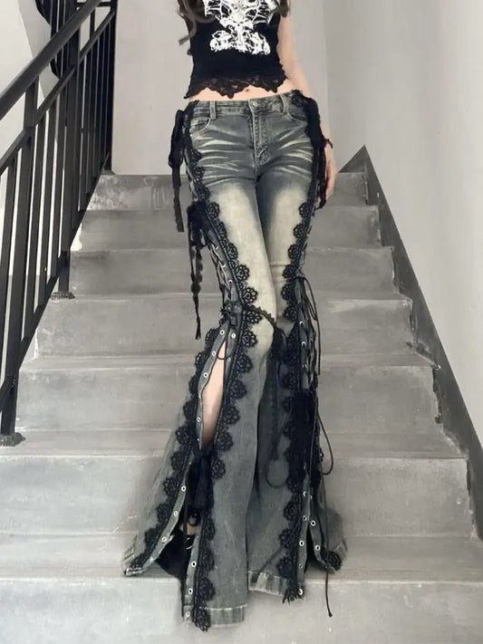 Gothic Y2K Alt Goth Eyelet Lace Up Bell Bottom Flare Jeans Pants