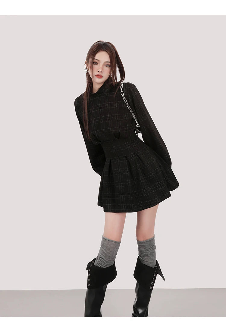 Alt Gothic Harajuku Plaid Lantern Sleeve Mini Dress