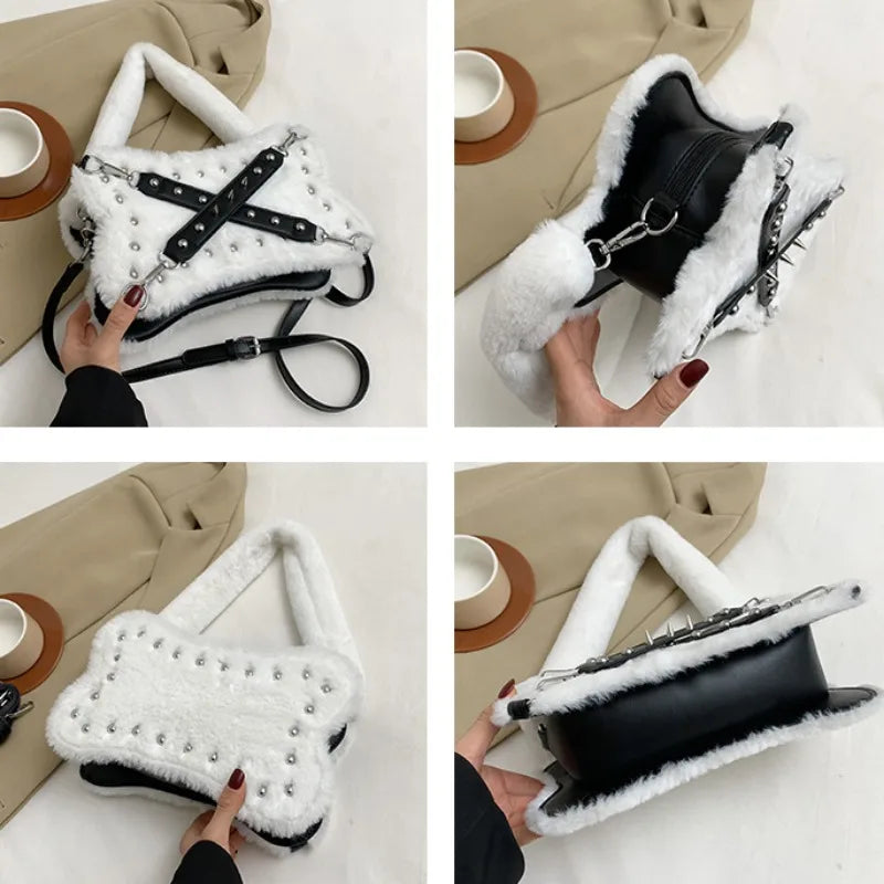 Gothic Alt Goth Y2K Bone Plush Studded Crossbody Shoulder