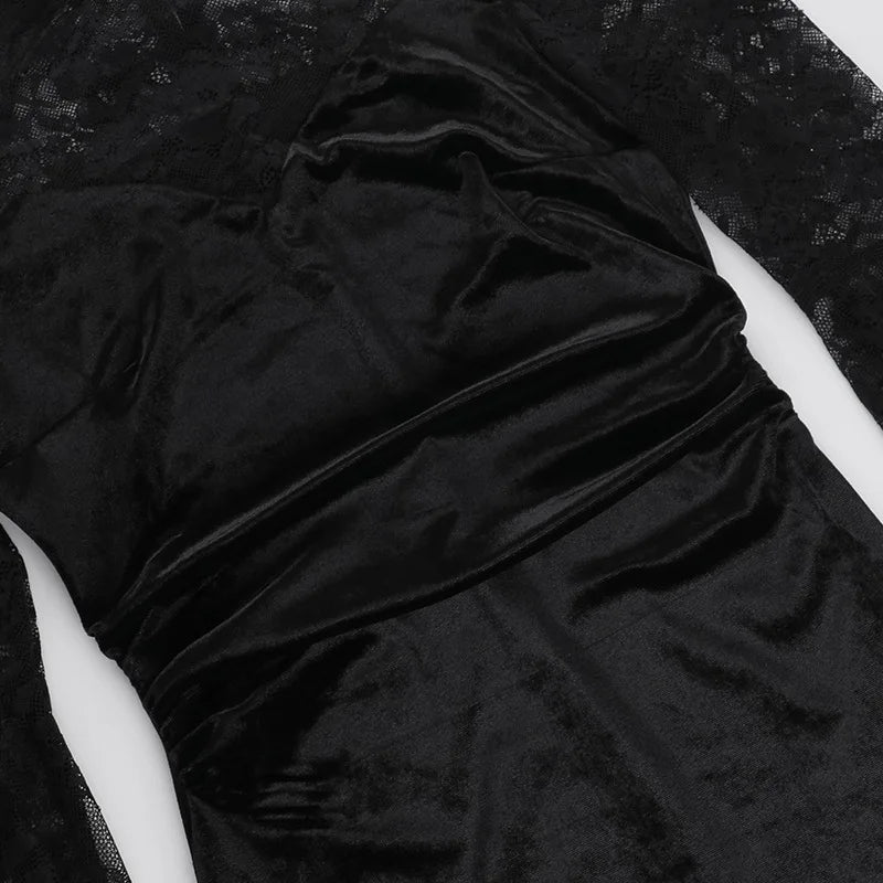 Gothic Alt Goth Cold Shoulder Bell Lace Sleeves Halter Mini Dress