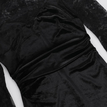 Gothic Alt Goth Cold Shoulder Bell Lace Sleeves Halter Mini Dress