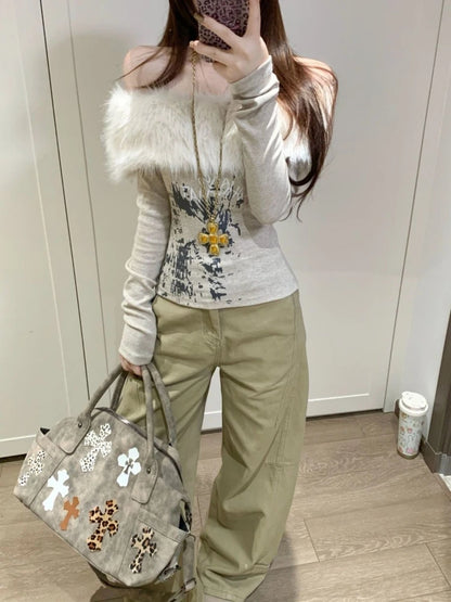 Gothic Y2K Off Shoulder Faux Fur Collar Printed Top (available in 2 colors)