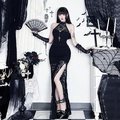 Gothic Alt Goth Halter Lace See Through High Slit Bodycon Long Dress