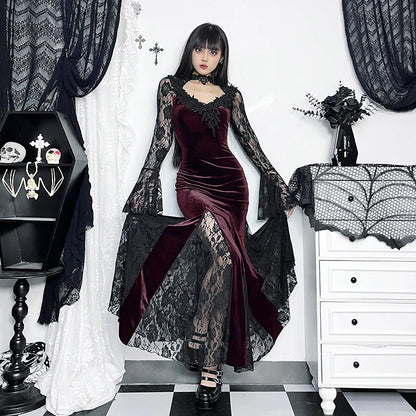 Gothic  Romantic Lace Patchwork Bell Sleeves Long Dress