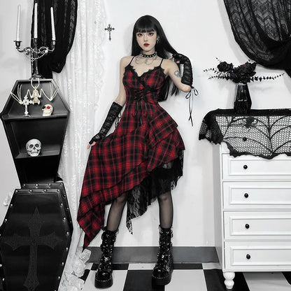 Gothic 90s Goth Red Plaid Lace Patchwork Irregular Hem Dress