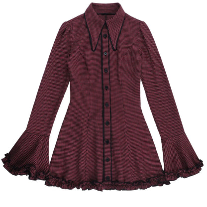Gothic Alt Goth Red Plaid Flare Sleeve Collared Shirt Dress