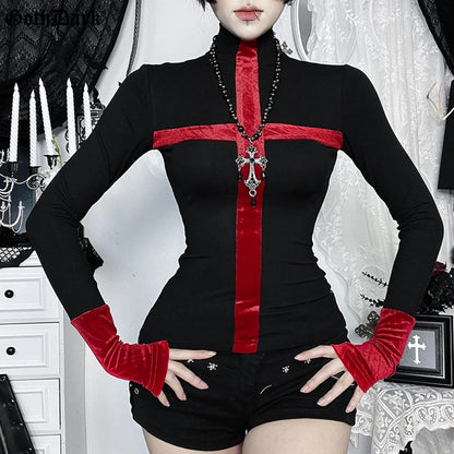 Gothic Y2K Alt Goth Cross Red Patchwork Long Sleeve Top