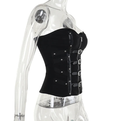 Gothic Faux Leather Buckle Strapless Corset Top