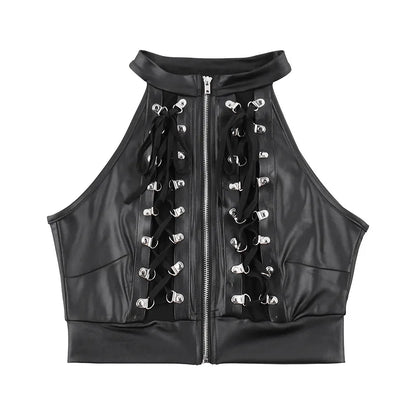 Alt Gothic Lace Up Zip Up Crop Tank Top Vest