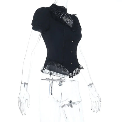 Gothic Moon Cathedral Embroidery Lace Trim Puff Sleeve Top