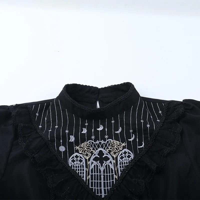 Gothic Moon Cathedral Embroidery Lace Trim Puff Sleeve Top