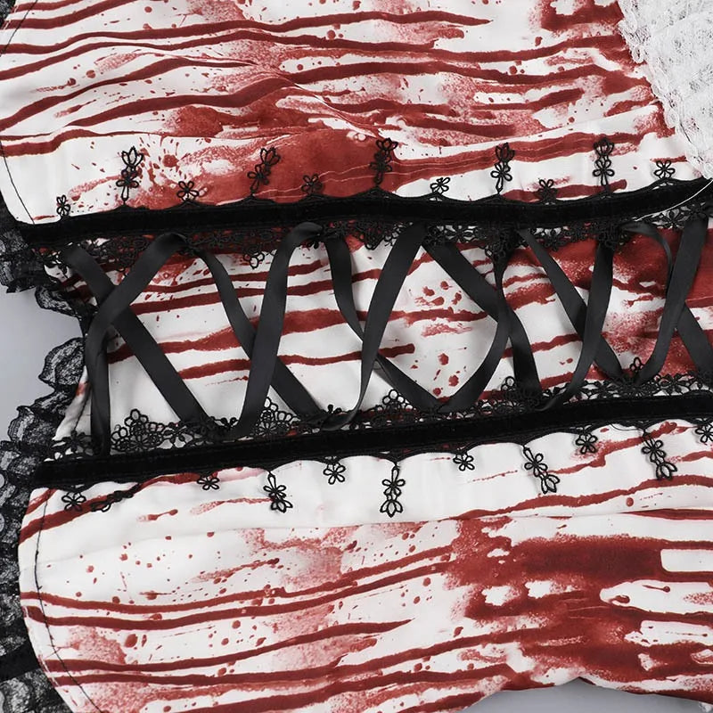 Gothic Alt Goth Halloween Blood Red Print Lace Patchwork Tank Top