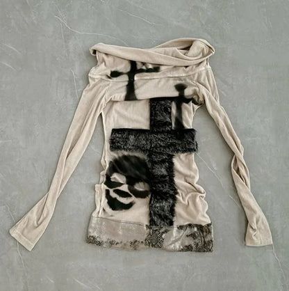 Gothic Y2K Alt Goth Skull Cross Faux Fur Patchwork Off Shoulder Long Sleeve Top