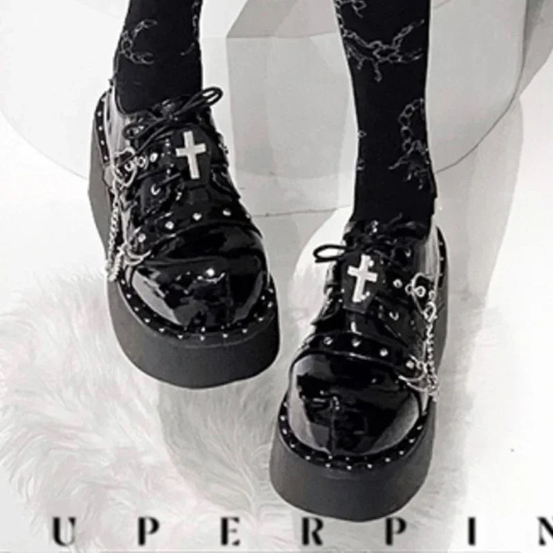Gothic Lolita Y2K Alt Goth Cross Chain Heart Chunky Platform Shoes