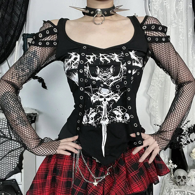 Gothic Alt Goth Punk Fishnet Sleeves Grommet Strap Patchwork Printed Top