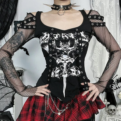 Gothic Alt Goth Punk Fishnet Sleeves Grommet Strap Patchwork Printed Top