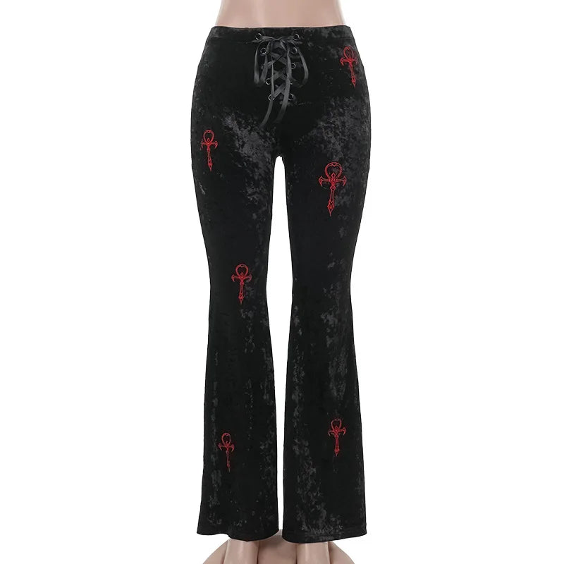 Gothic Alt Goth Ankh Cross Velvet Flare Pants