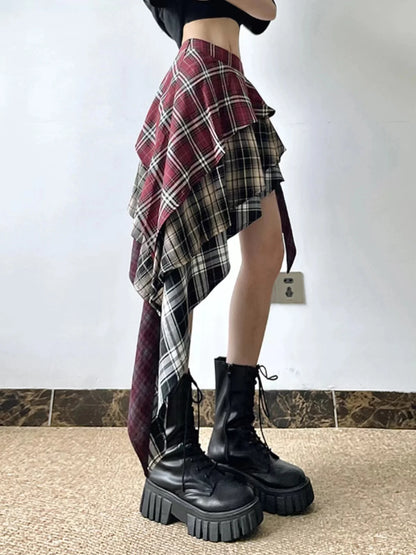 Gothic Grunge Plaid Irregular Hem Skirt