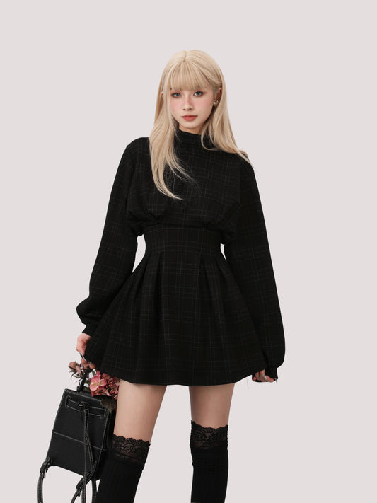 Alt Gothic Harajuku Plaid Lantern Sleeve Mini Dress