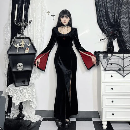 Gothic Alt Vampire Goth Open Bell Sleeves High Slit Long Dress